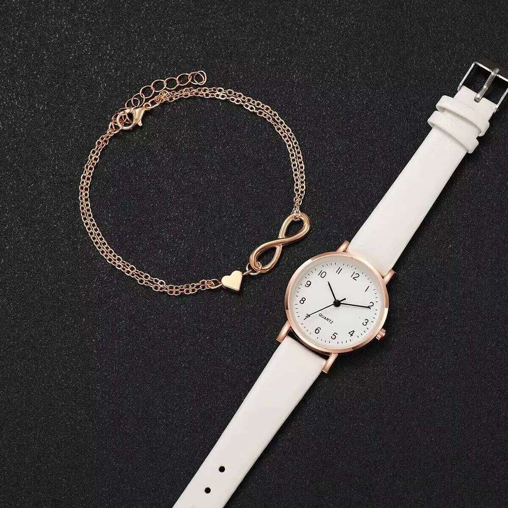 2PCS Fashion Arabic Dial Women's es Casual Leather Strap Quartz Wristes Gold Heart Set Reloj Mujer H260228