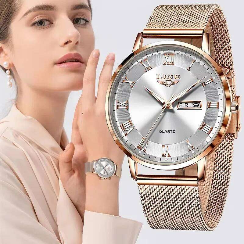 LIGE Luxury Ladies Waterproof Rose Gold Steel Strap Women Wrist Top Brand Clocks Relogio Feminino H260228