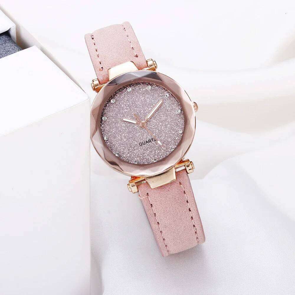 Round Face Rhinestone Star Sky Silver Pink Women for Leisure Fashion Trend Frosted Belt Vintage Black Quartz Wrist H260228
