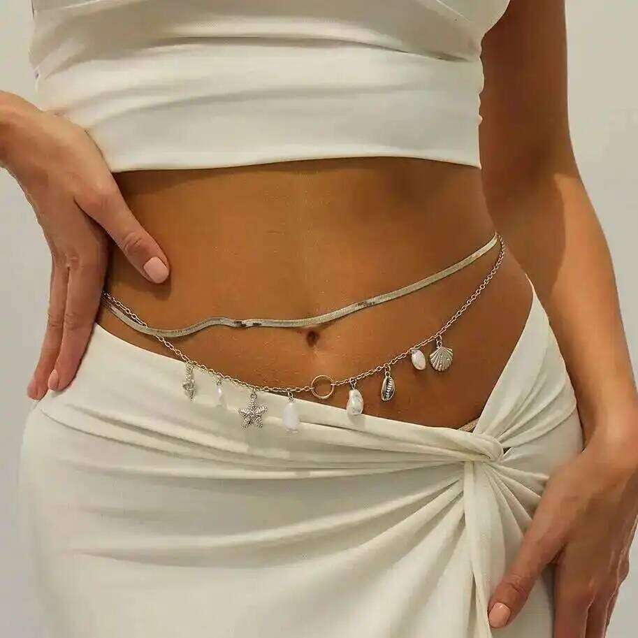 Ingemark 2Pcs/Set Summer Beach Vacation Sexy Bikini Waist Boho Imitation Pearl Starfish Conch Pendant Body Chain Jewelrry H260228