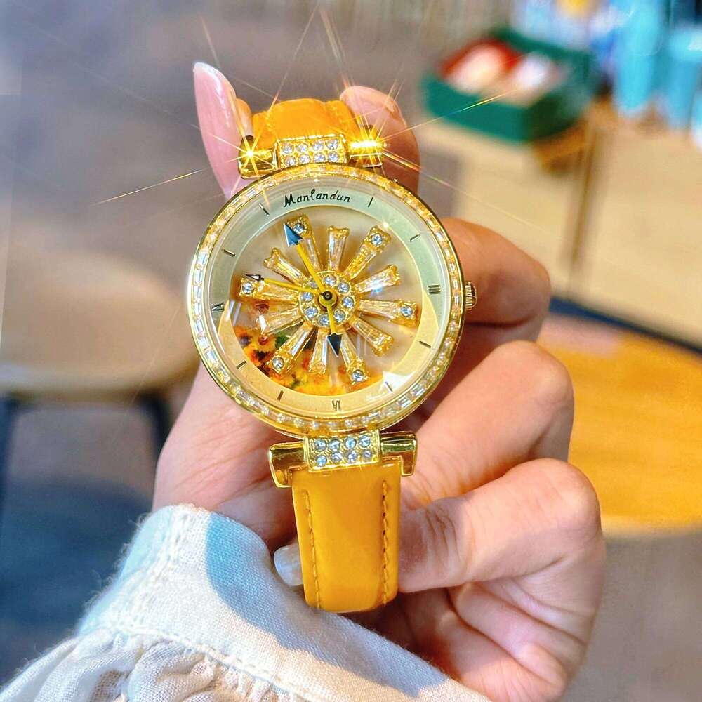 Fashionable Women's With Transparent Back, Diamond Inlaid, Rotating Galaxy Dial, Sunflower Design Waterproof Quartz H260228