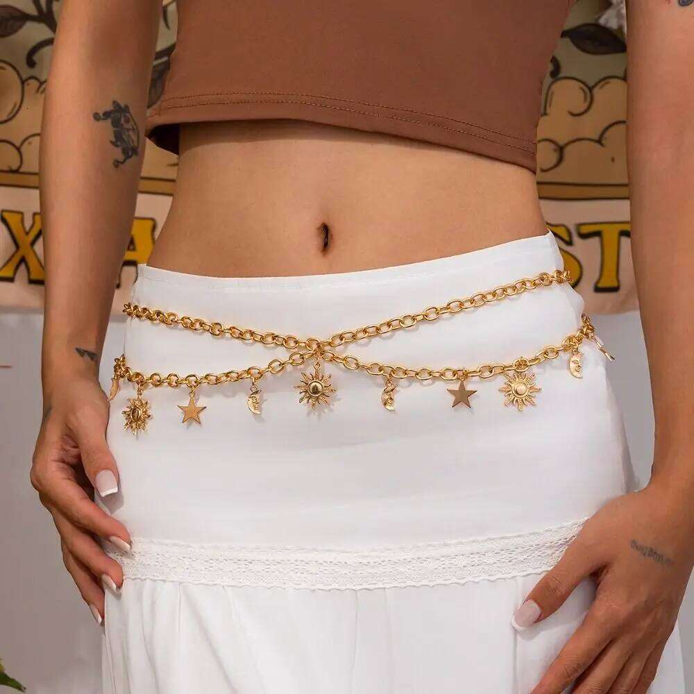 All-match Sun Moon Stars Tassels Punk Waist Vintage Retro Double-deck Chain Belt Hip Hop Dress Cummerbands For Women H260228