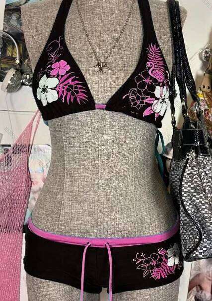 Vintage Flower Print Cutie Set Bikini 2000s Swimsuit Sexy Women Bathing Fashion Halter Strap Swimwear High Street Beach Female Z260301