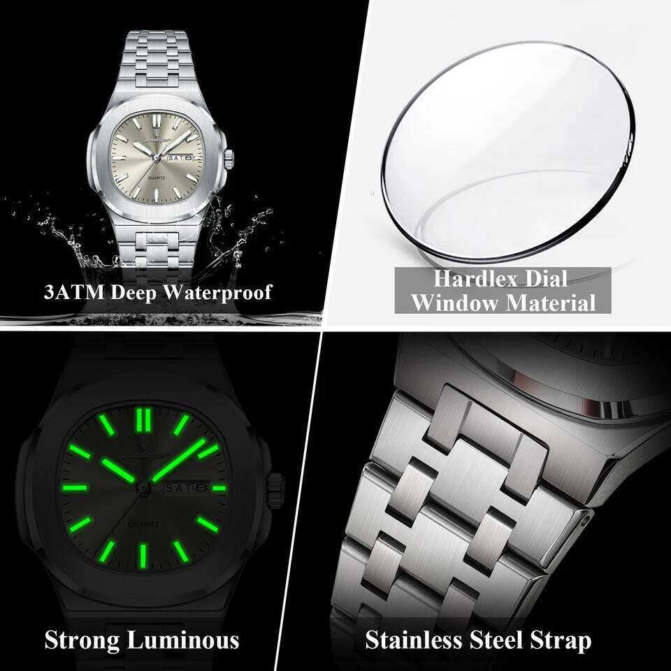 POEDAGAR Square Fashion For Woman Luminous Waterproof Date Week Ladies Stainless Steel Quartz Casual Women's es H260228
