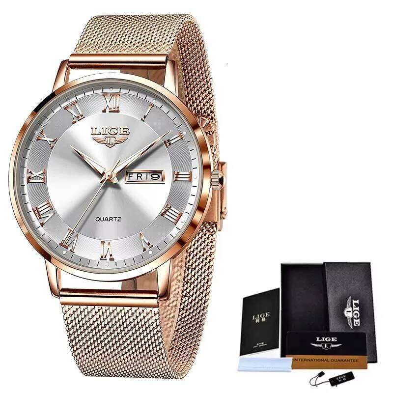 LIGE Luxury Ladies Waterproof Rose Gold Steel Strap Women Wrist Top Brand Clocks Relogio Feminino H260228