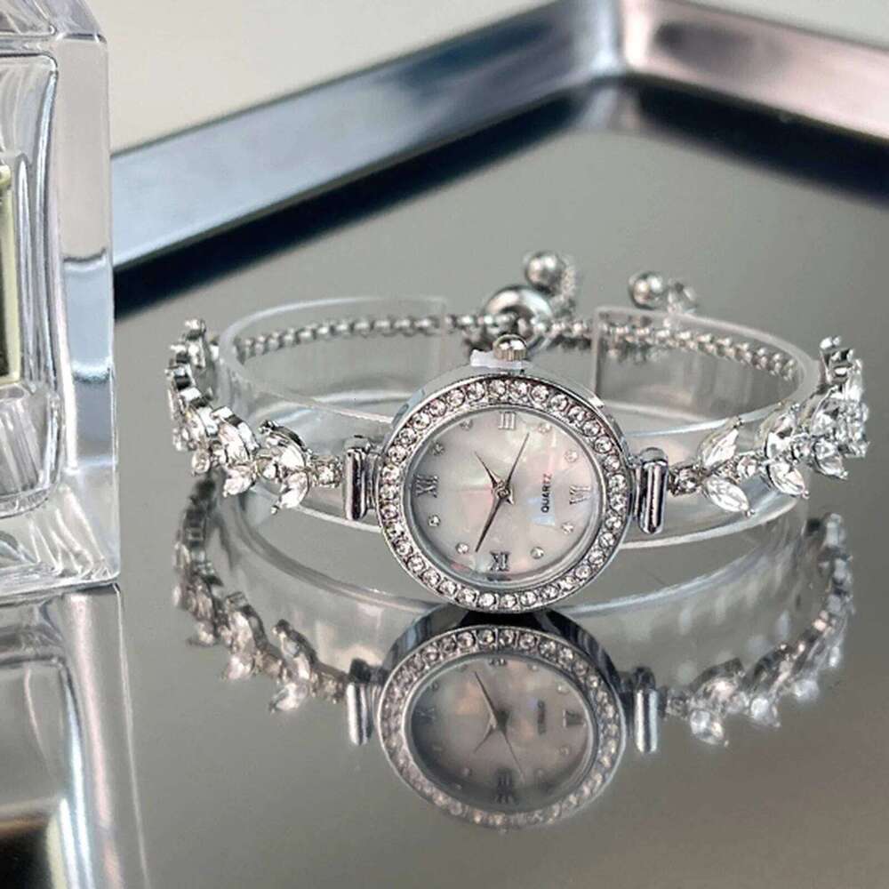 Mermaid Design Diamond Inlaid Women Adjustable Strap Quartz Wrist Faux Mother of Pearl Golden Ladies H260228