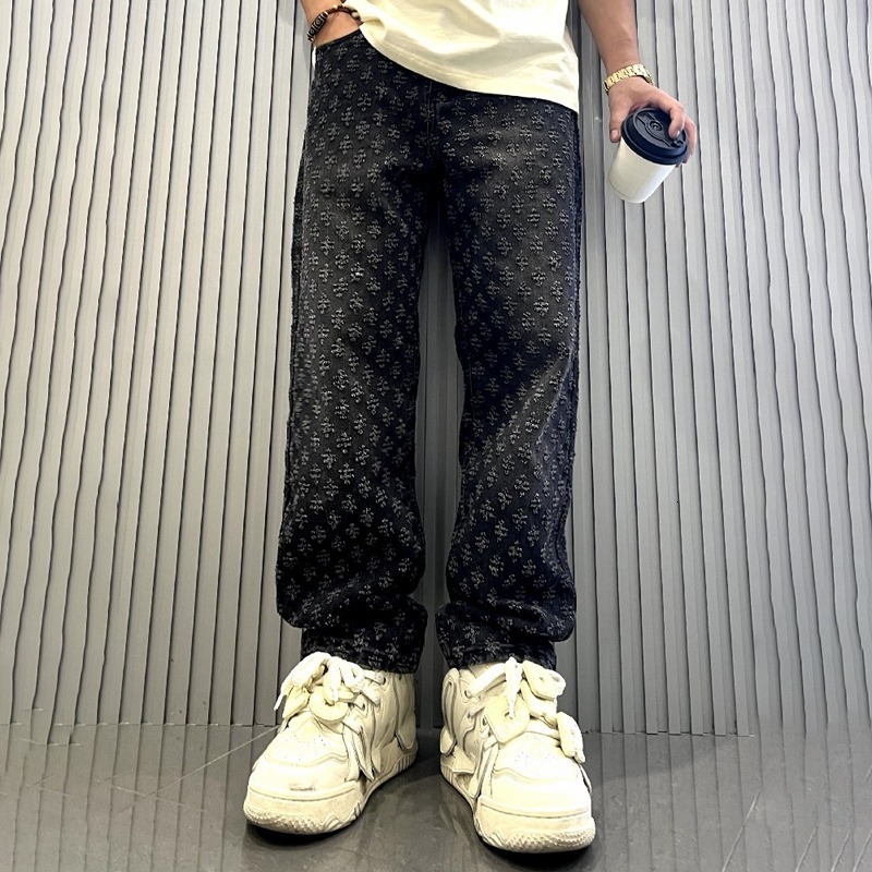 Luxury Designer Clothes 2025 Jacquard Full Print High Street Trendy Brand INS Design Sense Jeans Loose Straight Washed Wide Leg Long Pants