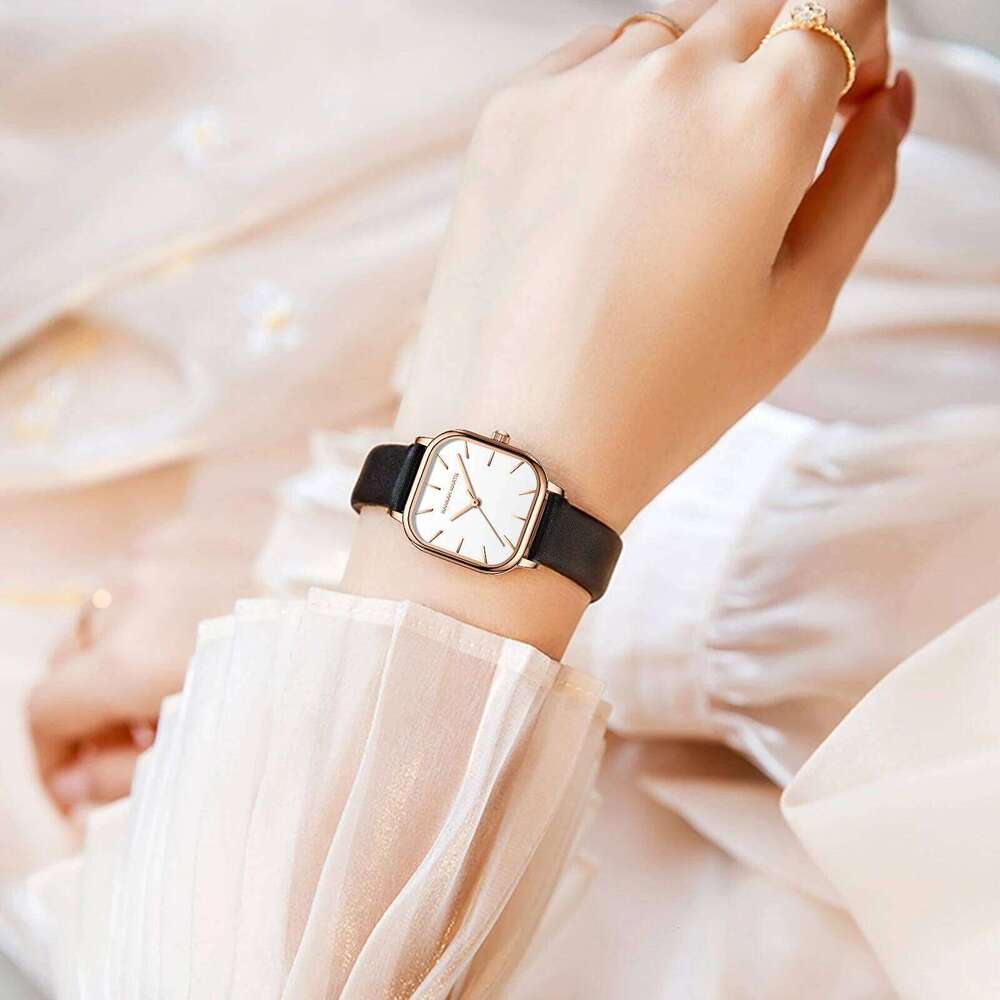 Hannah Martin Square Women Fashion Rose Gold Leather Minimalist Style Girls Clock Quartz Movement Casual Waterproof H260228