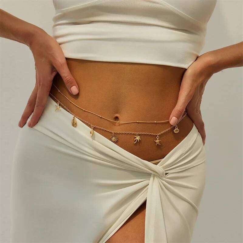 Bohemian Starfish Conch Shell Waist for Women Fashion Imitation Pearl Personality Beach Belly Chain Body Jewelry Gifts H260228