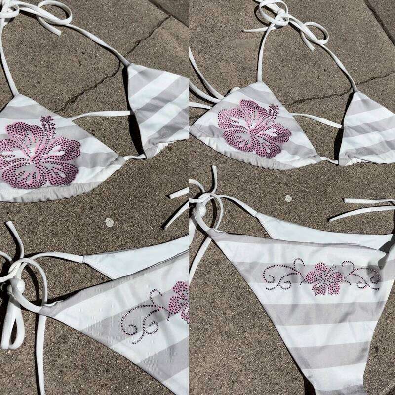 Y2K Summer Punk Spicy Girl Style fairycore Flower Hot Diamond print Hanging Neck Strap Sexy backless Holiday slim fit Bikini Set Z260301