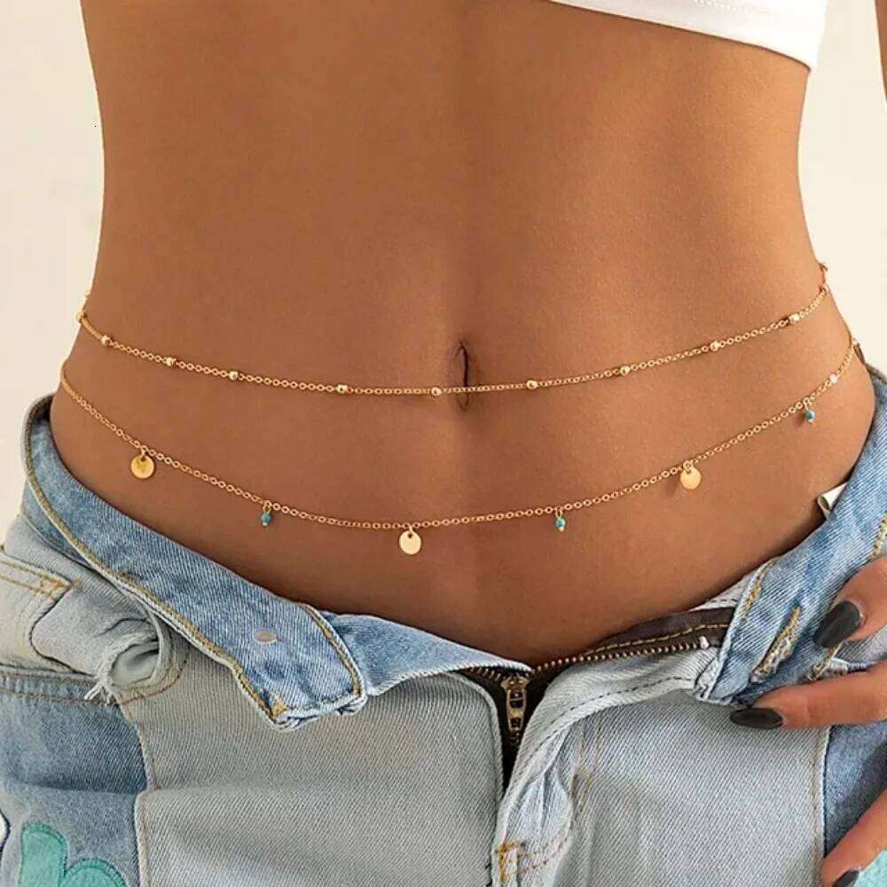New Charm Sexy Double Layer Green Stone for Women Waist Bead Chain Belly Belt Summer Beach Body Jewelry Accessories H260228