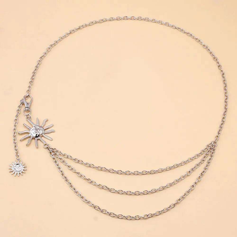 Sun Moon Star Metal Punk Hip Hop Style All-match For Women Dress Vintage High Waist Chain Belt H260228