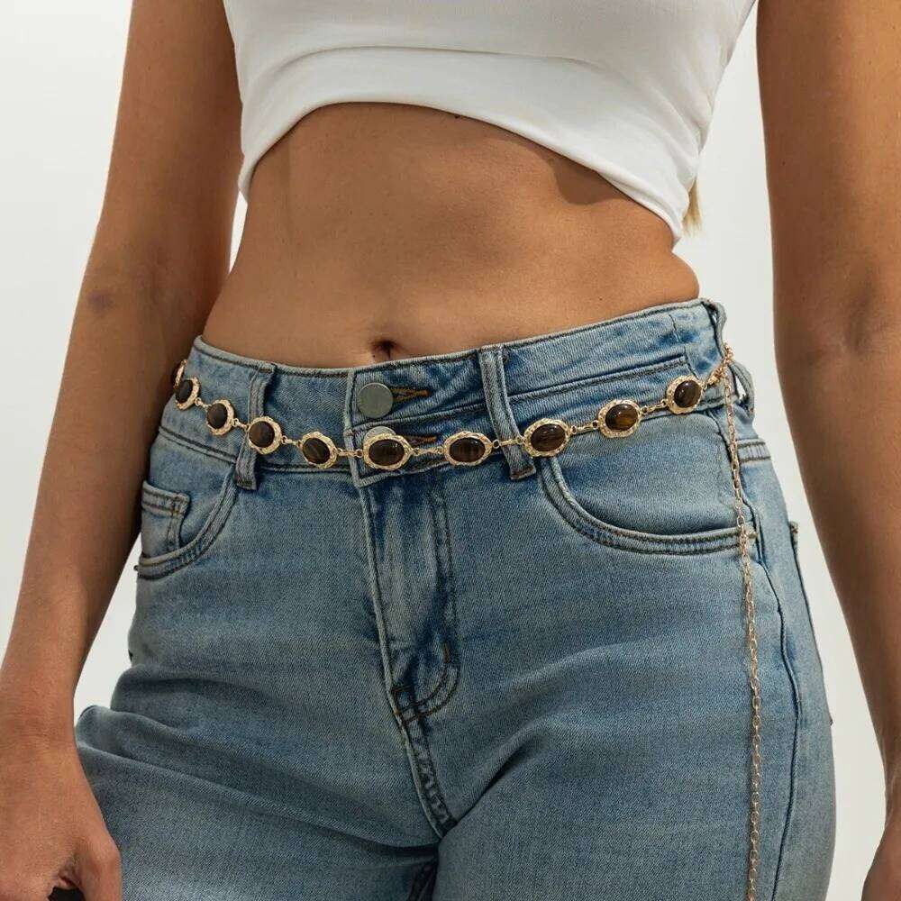 New Retro Resin Cat Eye Gemstone Metal Adjustable Temperament Waist Belt Body Chain For Women H260228