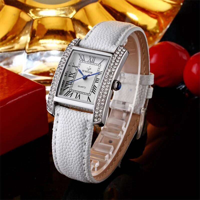 WWOOR Elegant Women's Square Diamond Ladies Waterproof Brand Leather Quartz es Zegarek Damski H260228