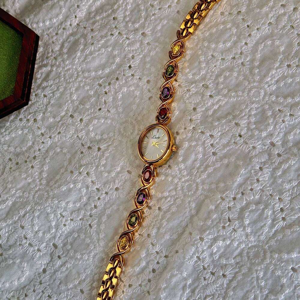 1pc New High-End Luxury Women's Embedded With Colorful Tourmalines, Diamonds And An Oval Shaped Mother Of Pearl Dial. H260228