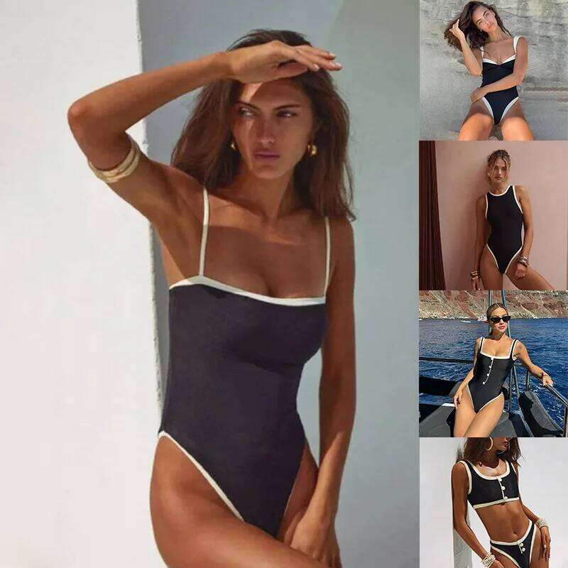 Trendy Plus Size Color Block Monokini | Sexy One-Piece Swimsuit with Triangle Bikini Top for Women, Best Seller Summer Swimwear Z260301