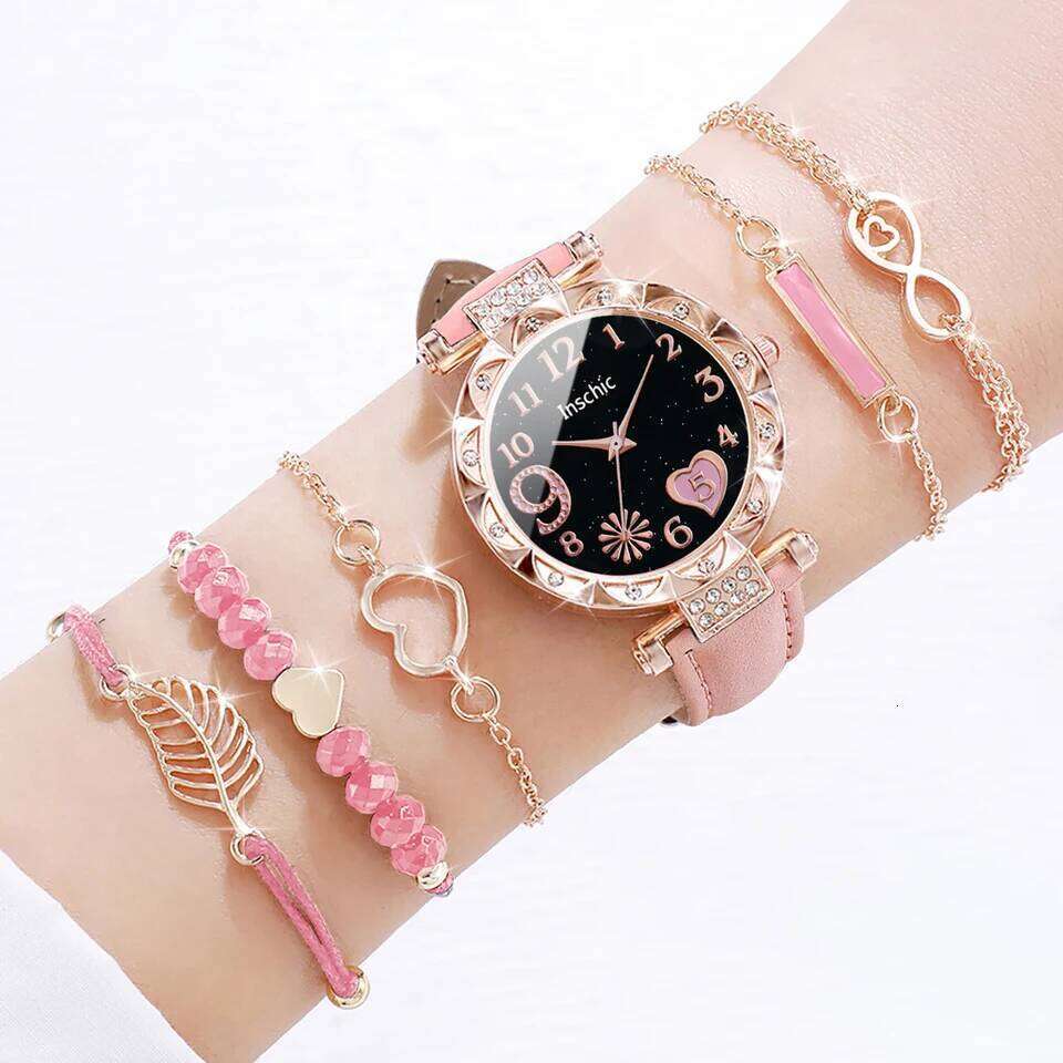 6PCS/Set Fashion Heart Dial Women's Casual Leather Band Analog Quartz Leaf s SetWithout Box H260228