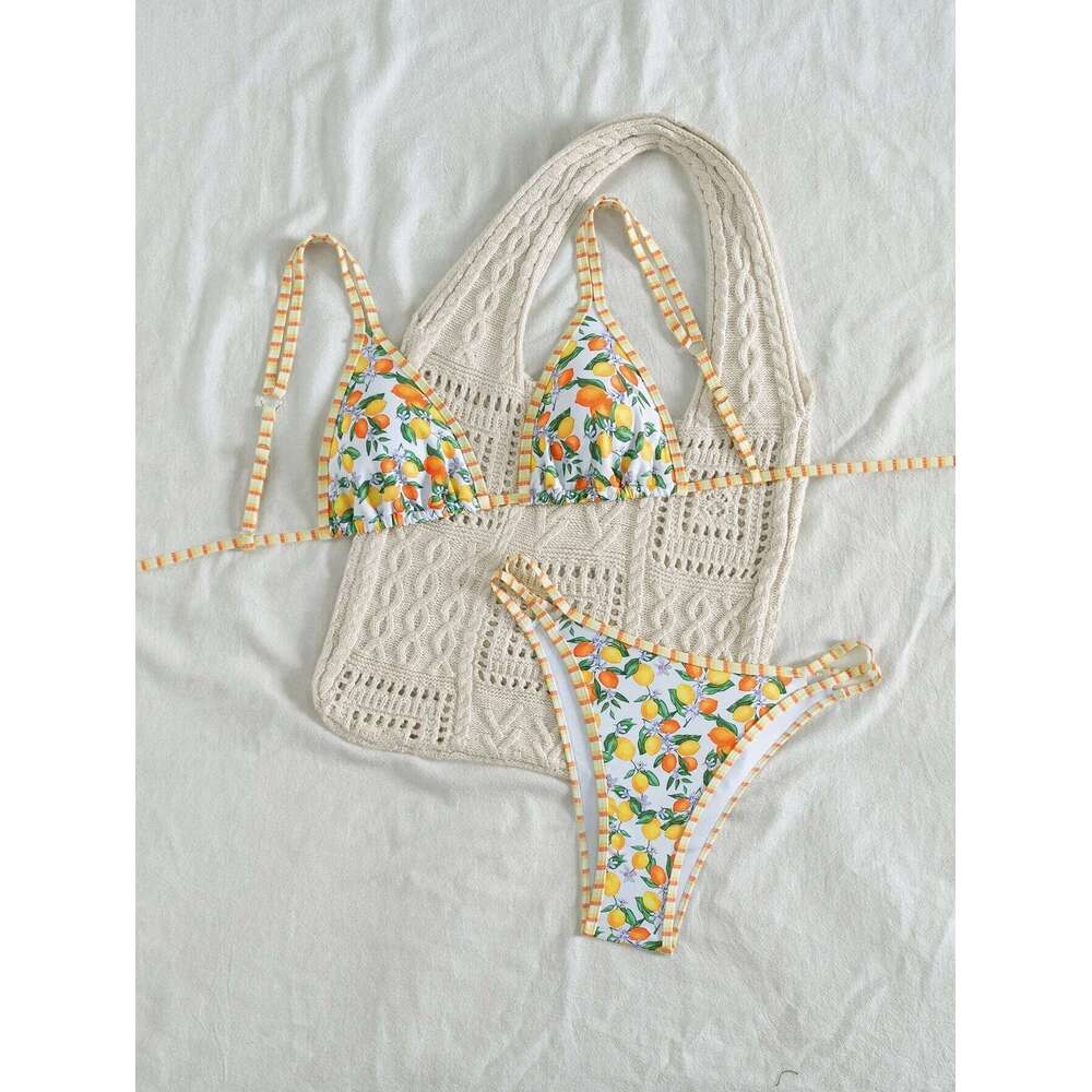 Sexy Orange Print Micro Bikini 2025 Women Double Strap Push Up Bra Hollow Out Thong Swimsuit Beach Bathing Suit Holiday Swimwear Z260301