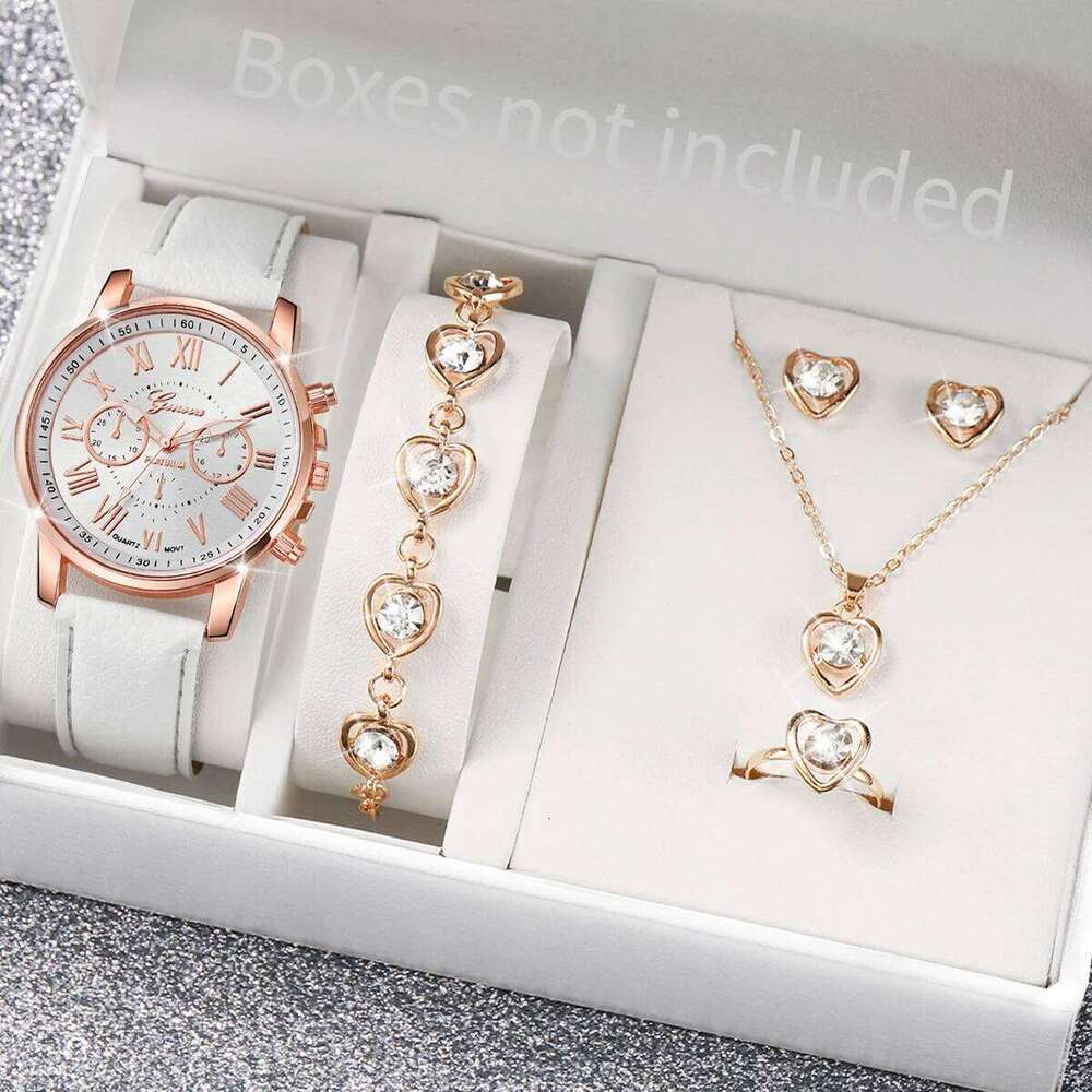 5/6PCS Women es Jewelry Set Fashion Roma Dial Ladies Leather Band Quartz Relogios FemininoWithout Box H260228
