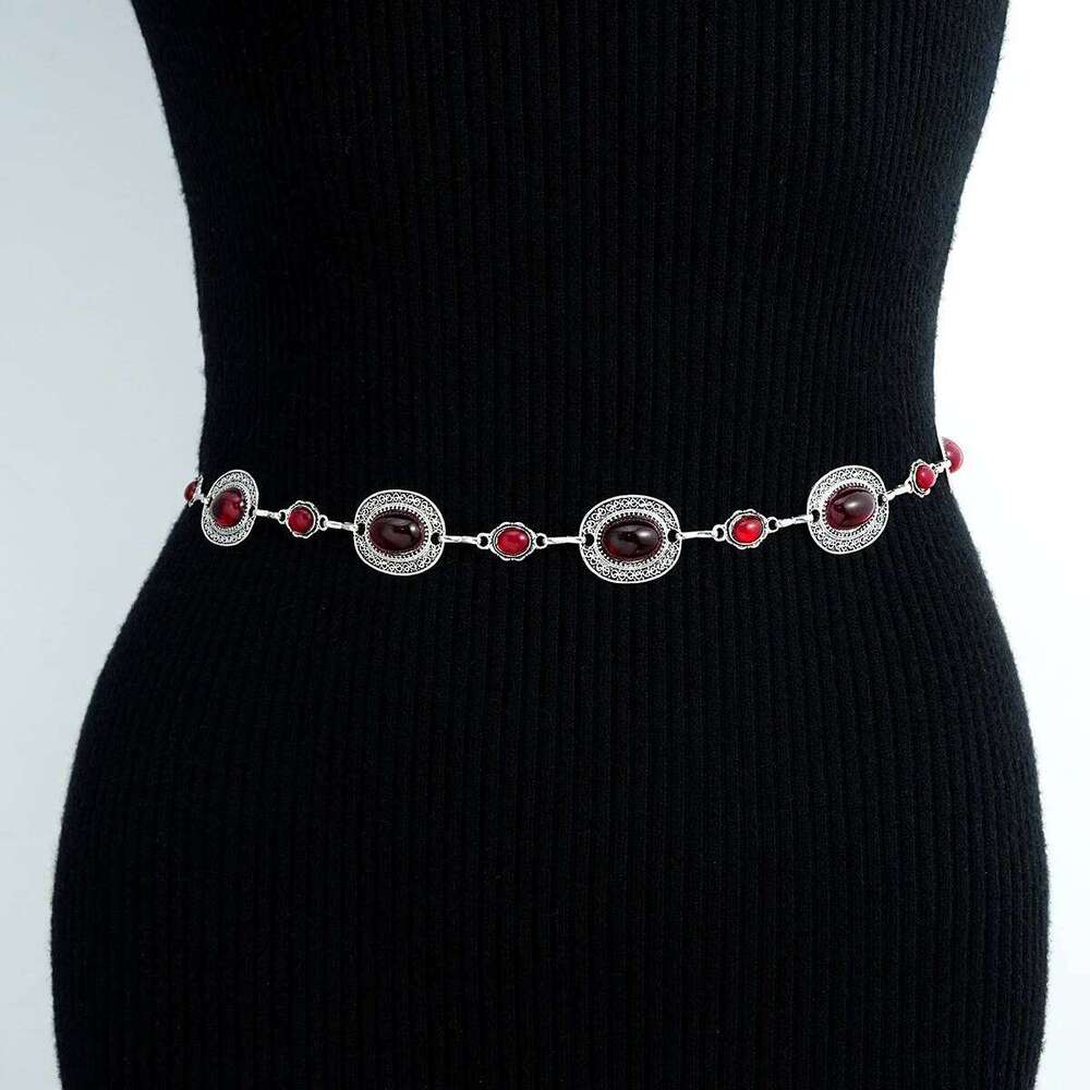 Fashion Oval Wine Red Crystal Metal Waist for Women Retro Exquisite Silver Color Belt Chain French Style Body Jewelry Gift H260228