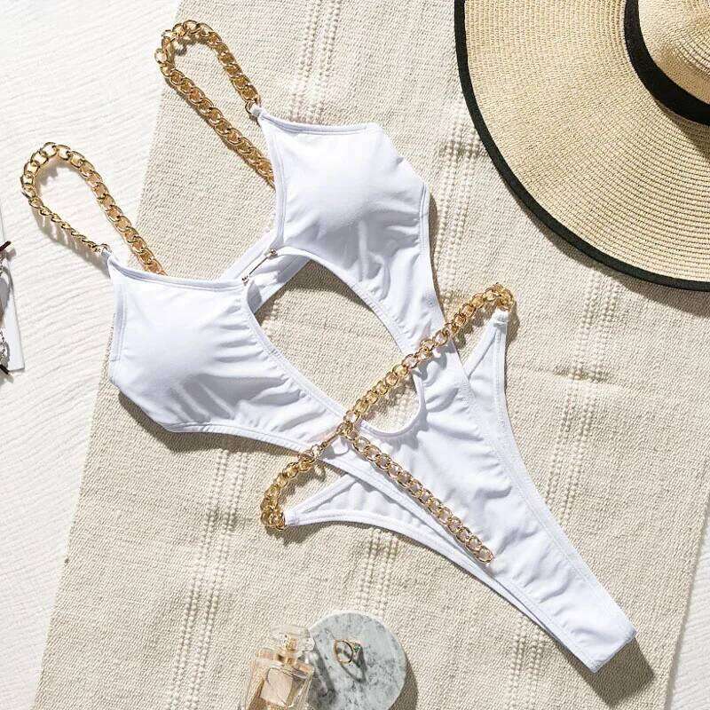 Sexy Metal Chains String High One Piece Swimsuit Women Swimwear Female Monokini Tummy Cut Out Bathing Suit Swim Beach Wear Z260301