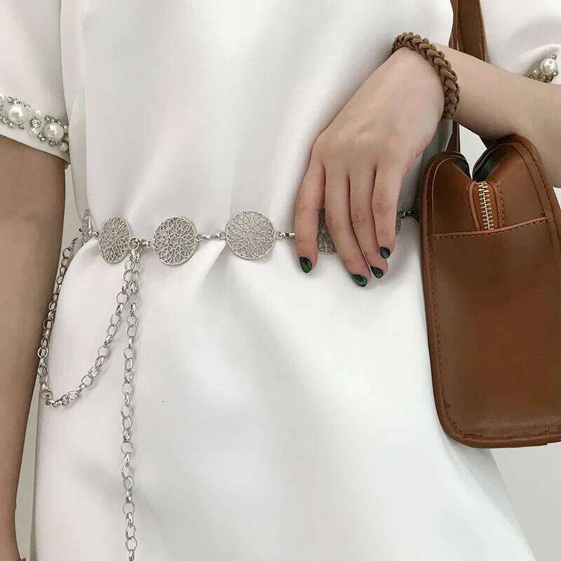 Elegant Round Metal Belt For Women Retro Gold Silver Carved Hollow Out Chain Long Belts Fashion Dress Decorative Lady Waistband H260228