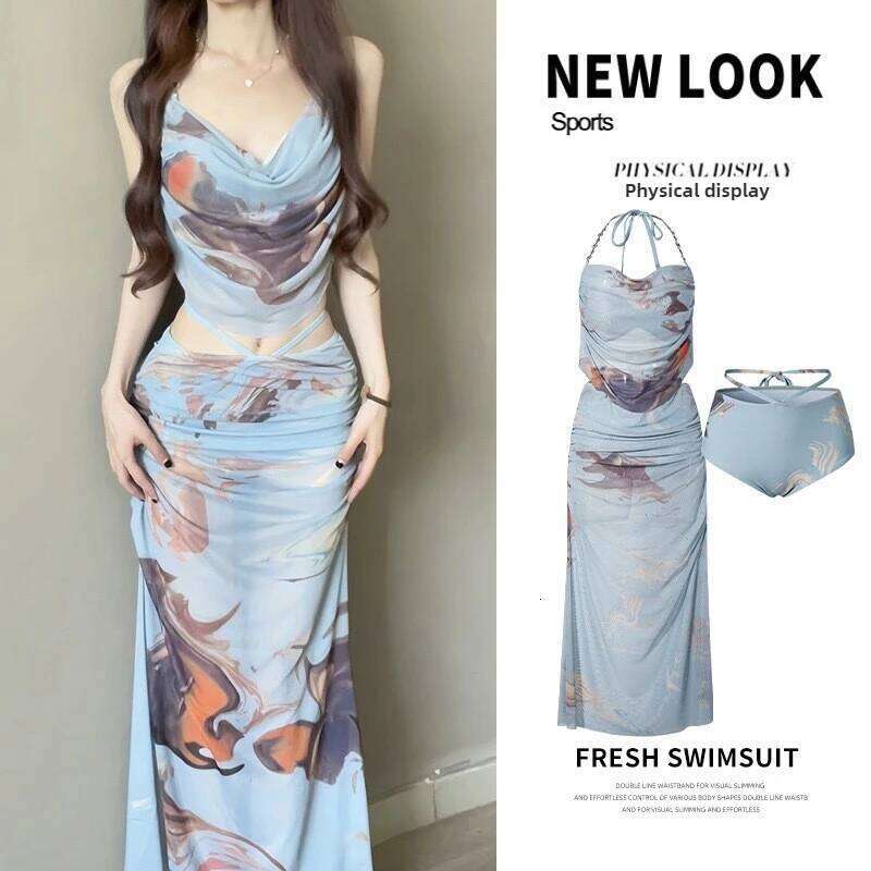 Sexy Bikini Swimwear Women's Three-Piece Set Long Dress Small Chest Gathered Steel Supportive Summer Vacation Beachwear Z260301