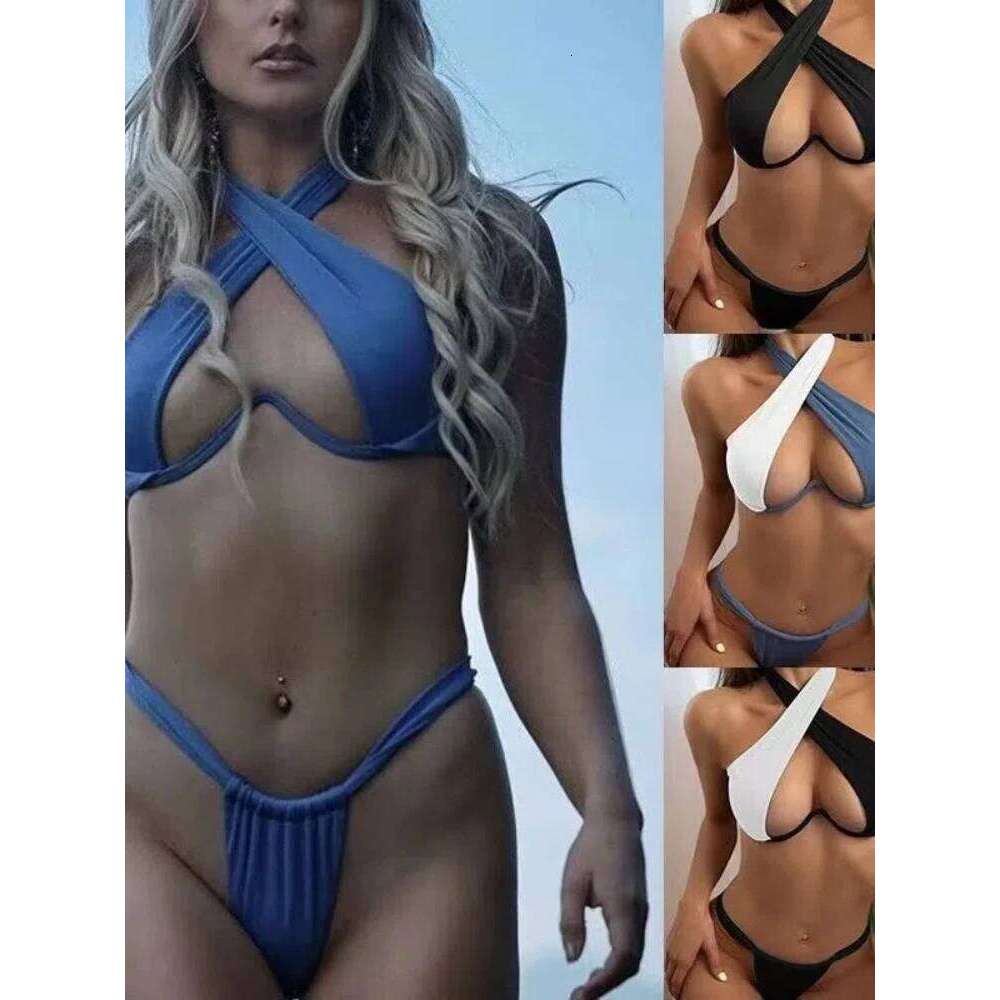 Push-Up Bikini Set Wholesale Women's Underwire Halter Two-Piece Swimsuit Solid Blue Swimwear Sexy Cut Out Summer Beachwear Z260301