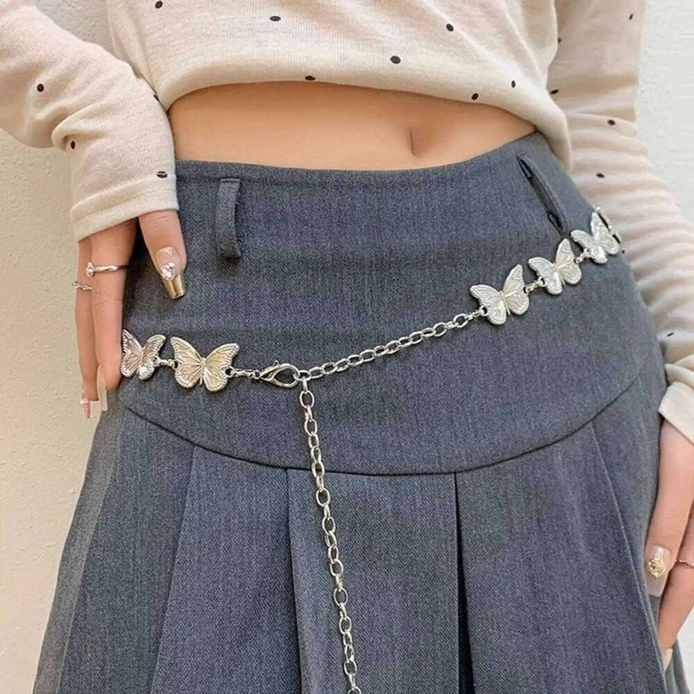 Fashion Female Waist Chain Belt Butterfly Pendant Punk Metal Belts Women Luxury Silver Color Waistband For Summer Beach H260228