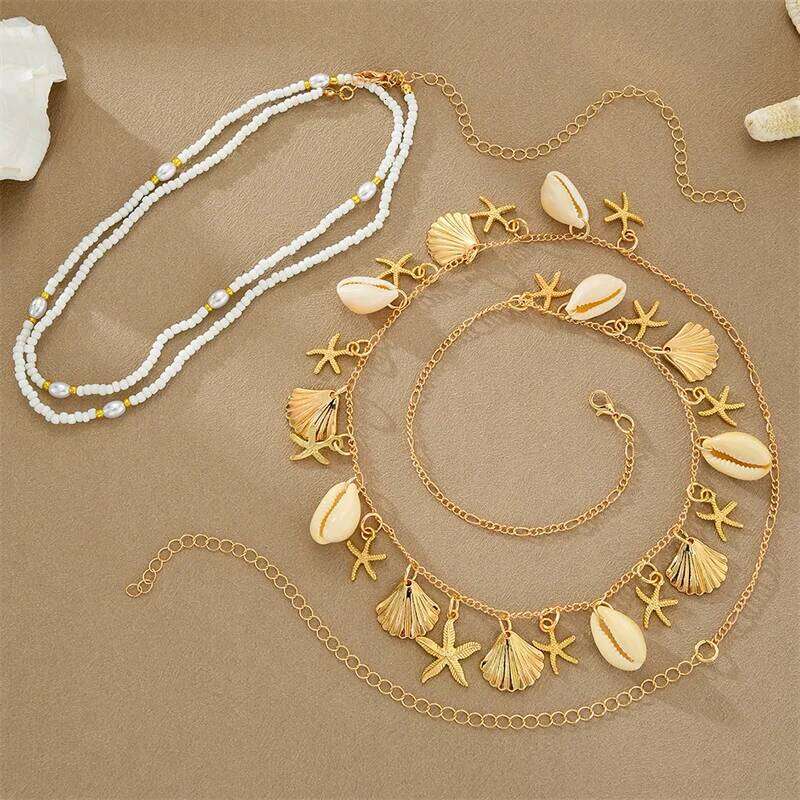 New Bohemia Style Starfish Scallop Shell Double Layer Waist Fashion Imitation Pearl Conch Body Chain Summer Beach Jewelry H260228