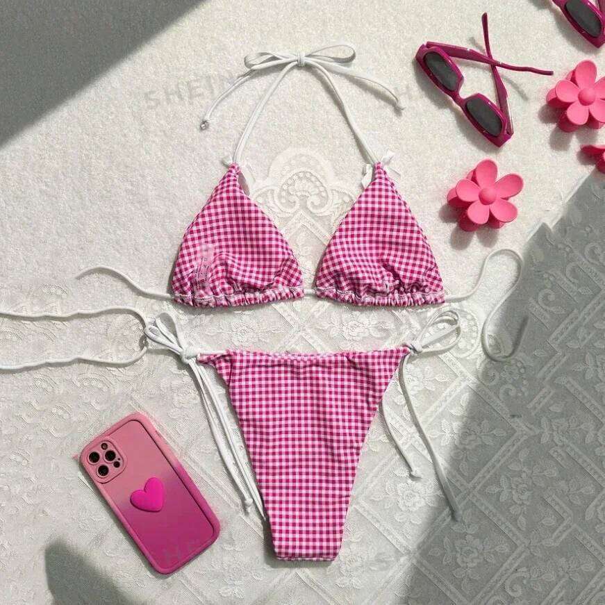 Red Plaid String Halter thong Micro Bikini for Women Mini Swimwear Lace-up Sexy Swimsuit Bathing Suit Triangle Bikinis Sets 2026 Z260301
