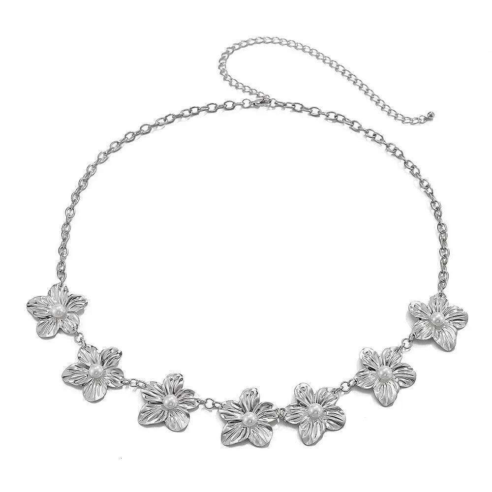 European American Fashion Minimalist Faux Pearl Metal Flower Pendant Waist Personalized Versatile Women's Body Chain H260228