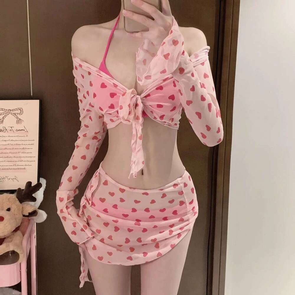 2025 Summer Pink Swimwear Women Sweet 4 Pcs Sets Bathing Suit Beach Holiday Spicy Girl Split Swimsuit Bikini Set Z260301