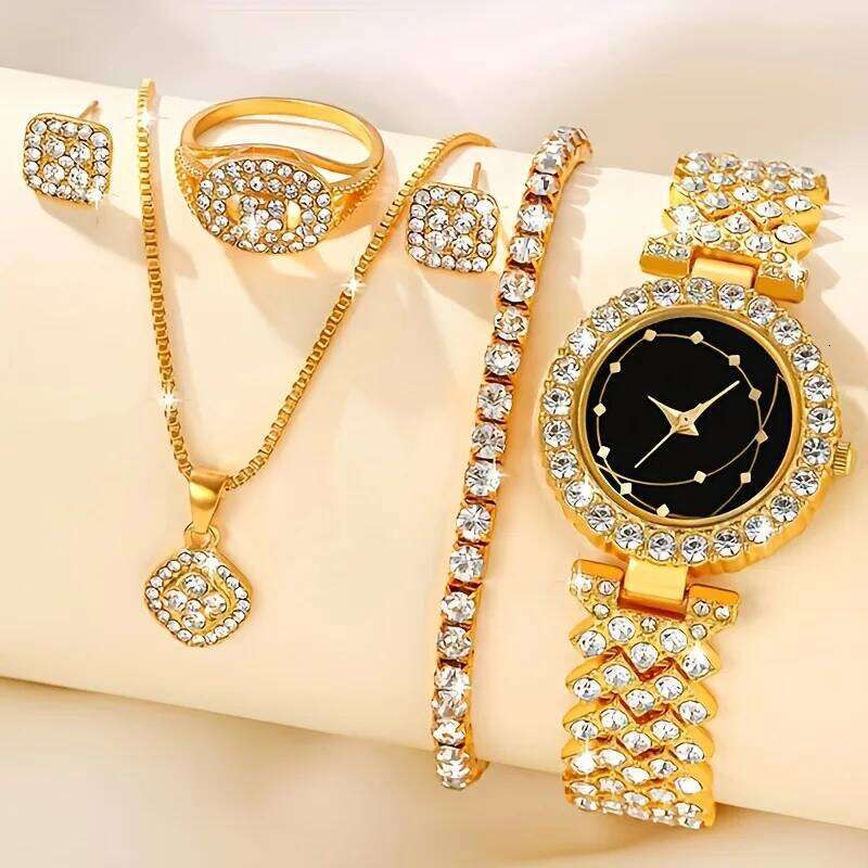 Fashion Light Luxury High-end Sense Diamond Steel Belt Large Disc Women's Quartz Set 6 Pieces Set, Suitable for Christ H260228