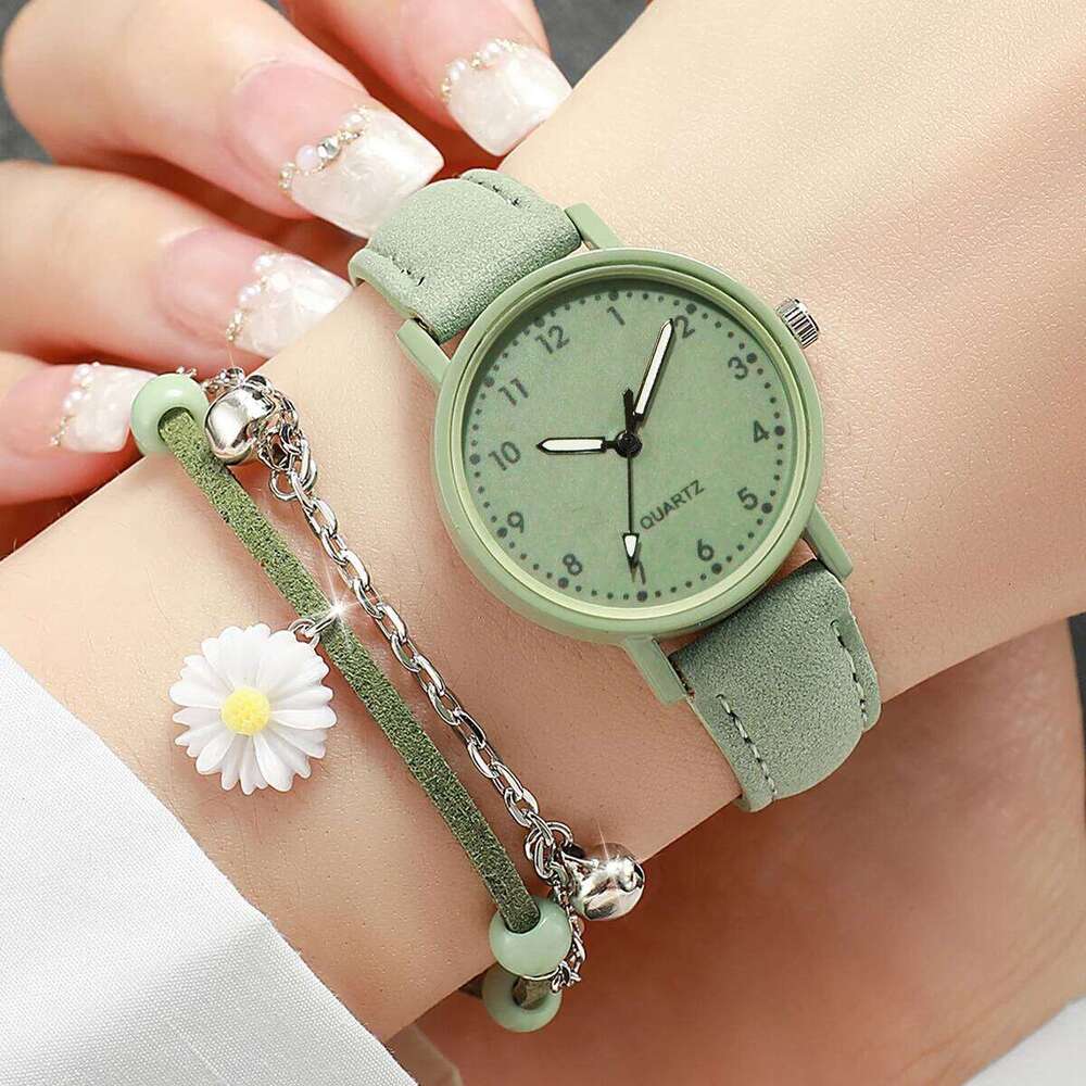 2PCS/Set Fashion Women Set Simple Arabic Dial Leather Strap Quartz es Reloj Mujer Girls Clock Gift H260228