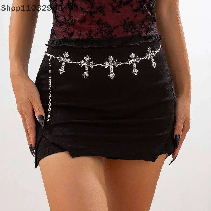 Adjustable Gothic Cross Y2K Waist Chain Silver Metal Vintage Belt For Women, Fashion Body Jewelry H260228