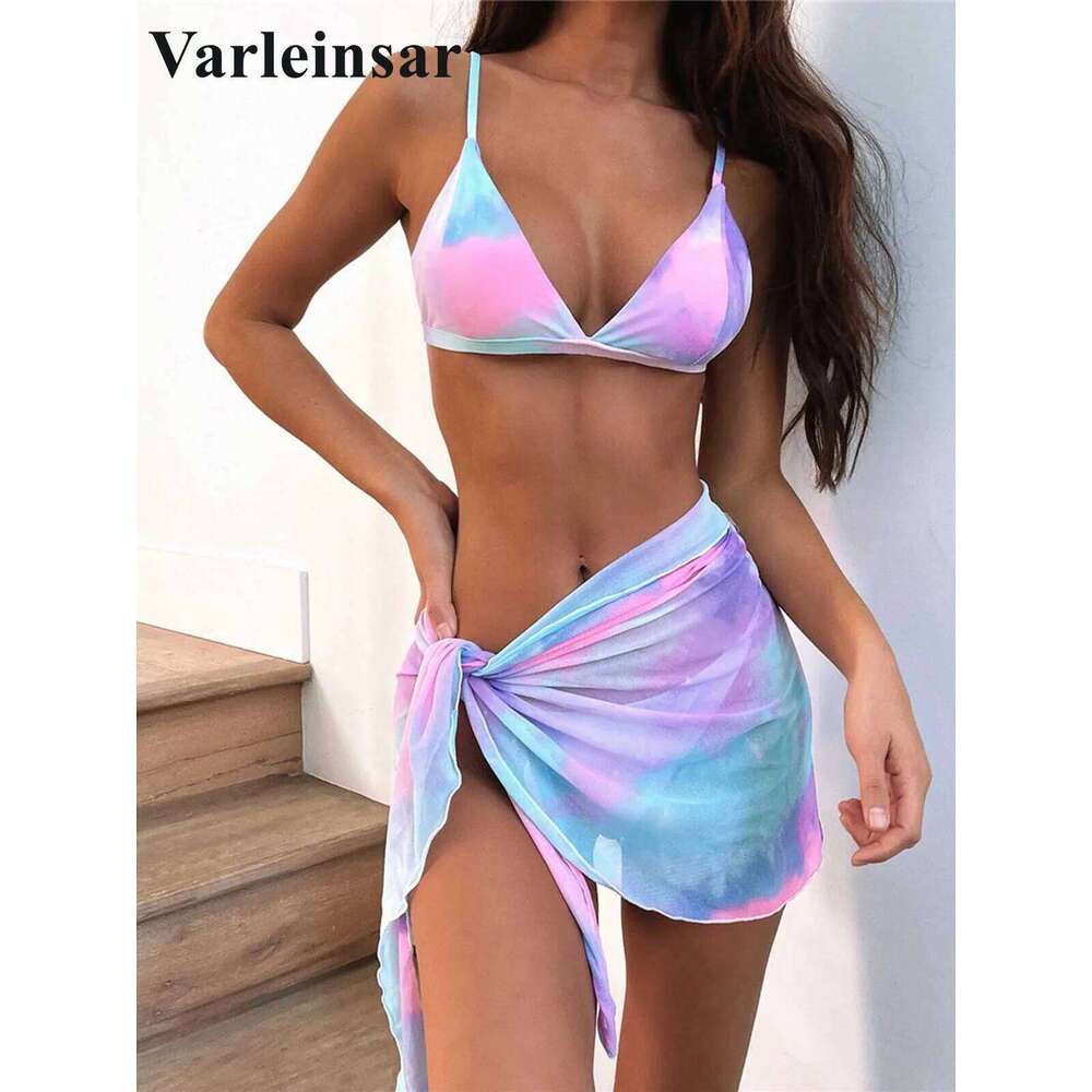 New Sexy Tie Dye With Sarong Female Swimsuit Women Swimwear Three-pieces Bikini set Bather Bathing Suit Swim Lady V2888 Z260301