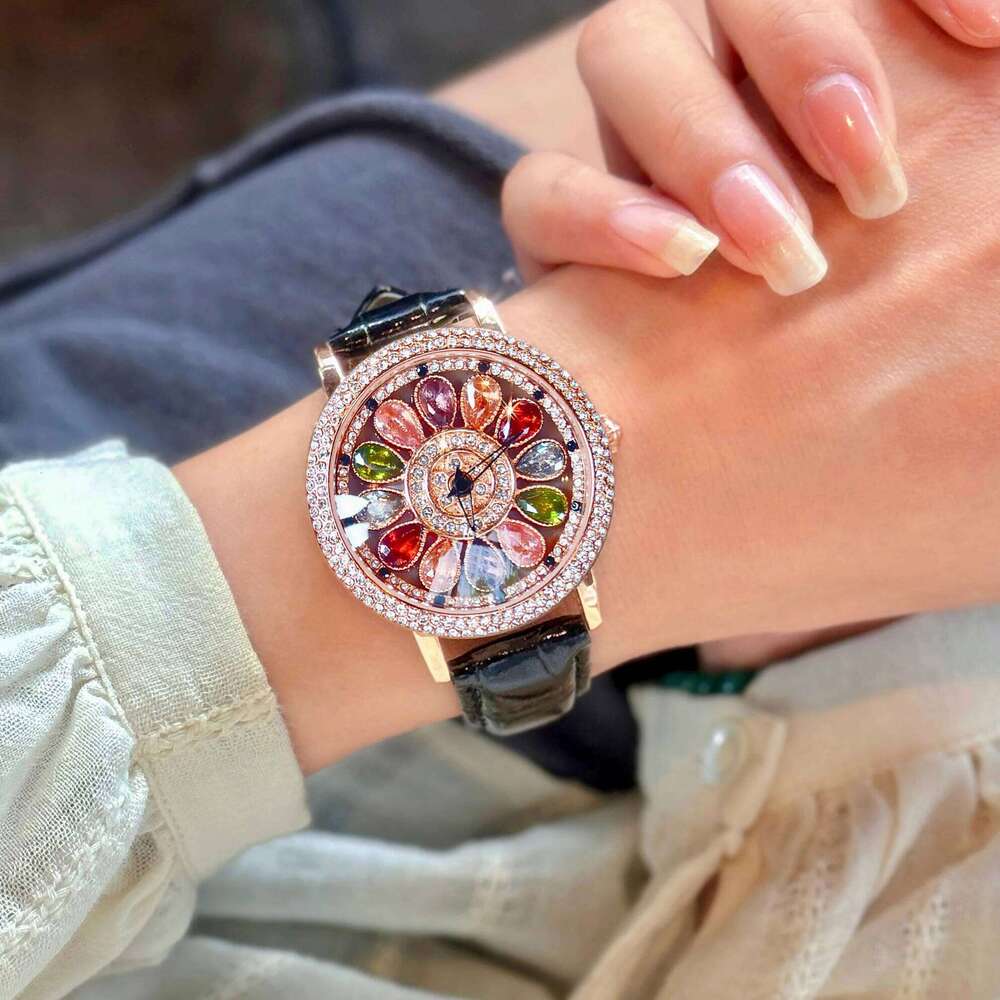 1pc Dazzling And Fashionable Women's Quartz With Colorful Rhinestone Inlay, Featuring An Alluring Rotatable Dial, Durable H260228