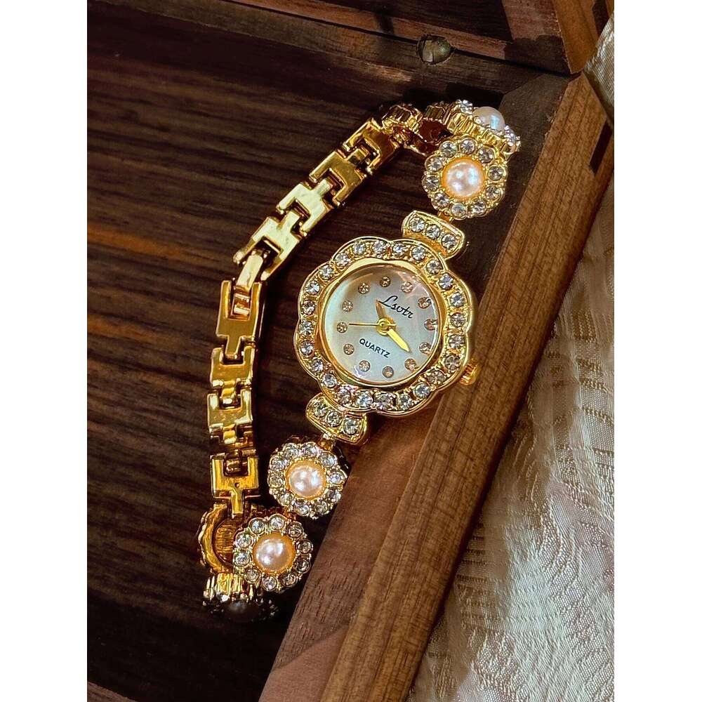 1 Piece of New Exquisite Compact French Fashionable Elegant Women's with Pearl Strap Dazzling Rhinestones, 30m Waterproof Round Quartz , Suitable