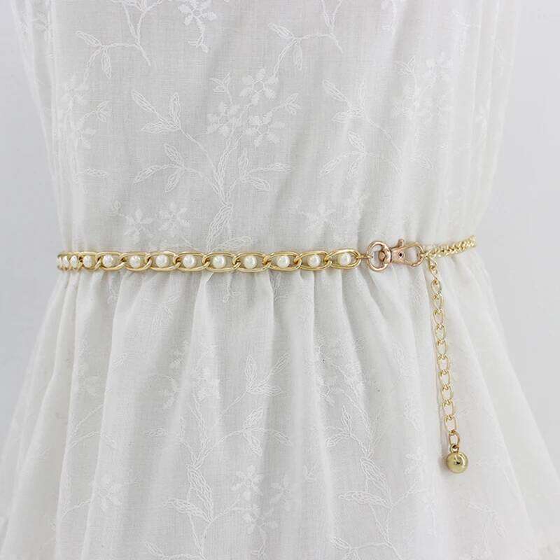 Fashion 1PC Elegant Metal Adjustable Thin Ladies Waist Chain Women Strap Dress Belt Pearl Decorative Clothess Accessories H260228