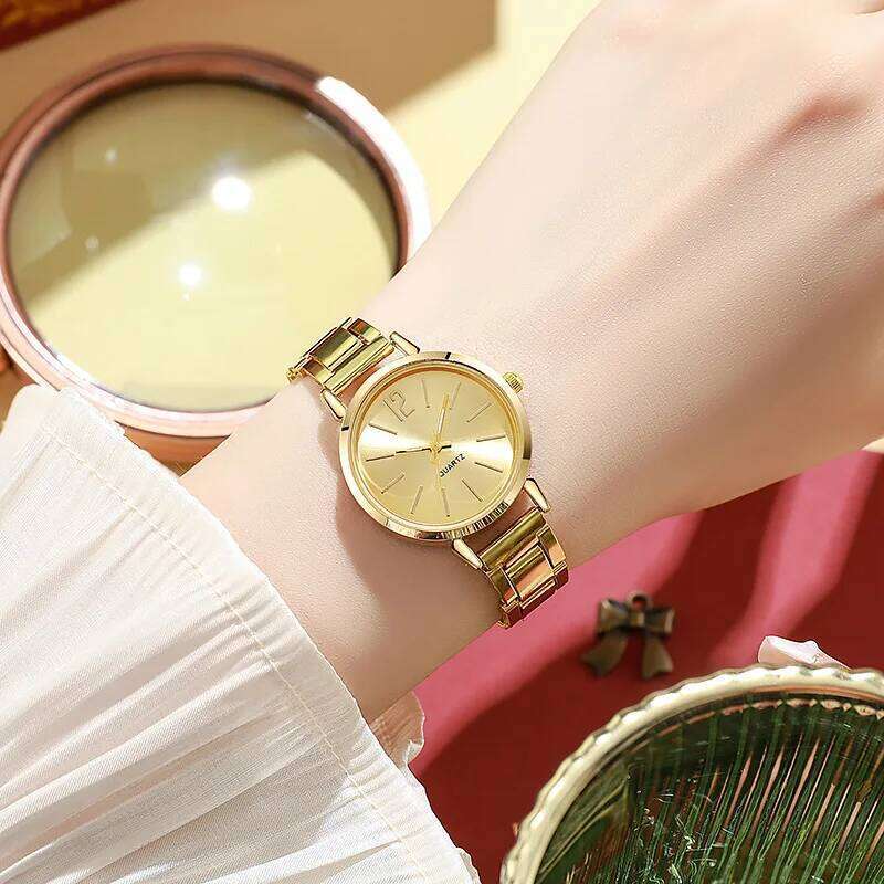 2pcs Set Women Simple Dial Hollow Strap Fashion Gold Quartz Wrist Student Ladies es Reloj Mujer H260228