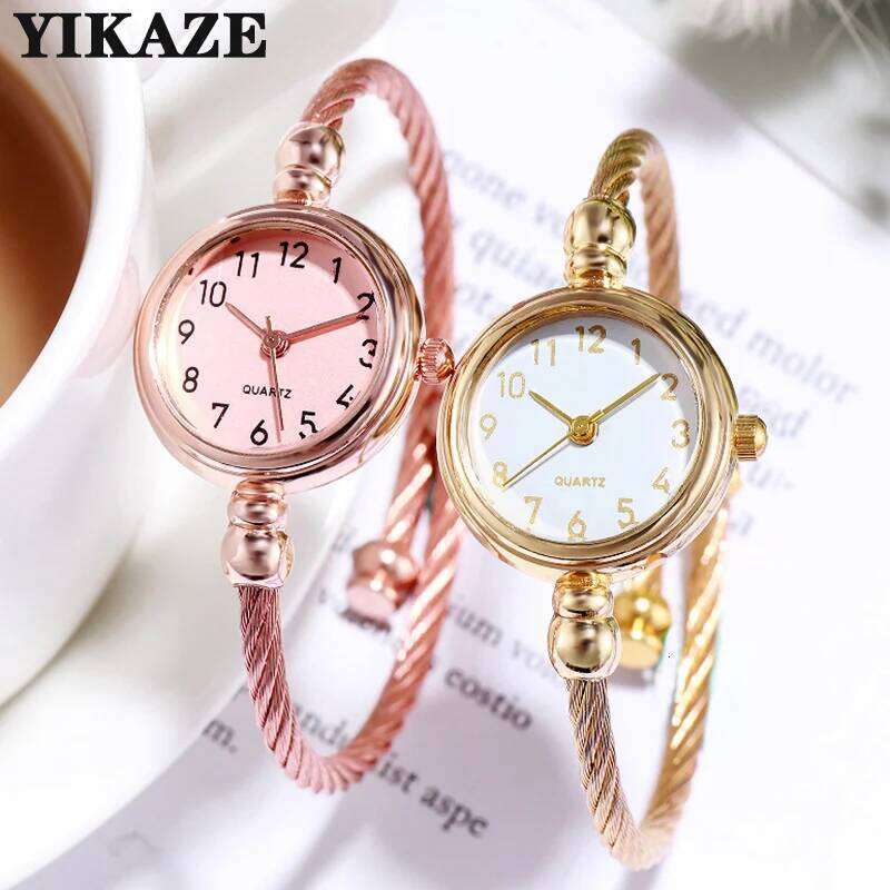 YIKAZE Women es Small Gold Bangle Stainless Steel Retro Ladies Quartz Wrist Clock Fashion Dress H260228