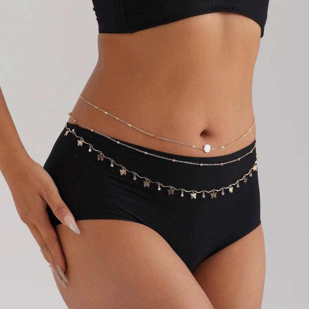 Cross Border Fashion Multi Layer Metal Tassel Butterfly Synthetic Rhinestone Waist Chain Sexy Street Versatile Belt Accessory H260228