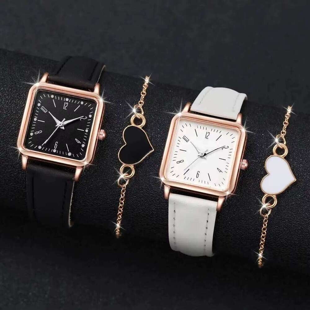 2PCS/Se Women's Fashion Square Leather Band Quartz Wristes Heart Set Reloj Mujer H260228