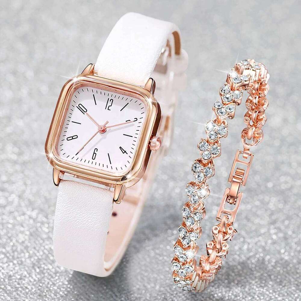 2PCS/Set Fashion Square Women es Casual Leather Strap Quartz Rhinestone Set H260228