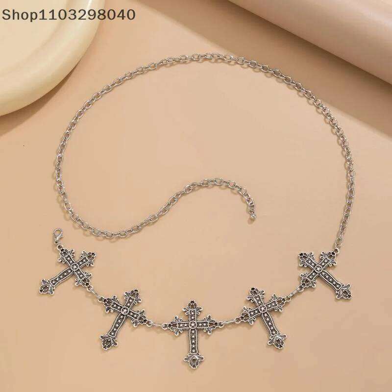 Adjustable Gothic Cross Y2K Waist Chain Silver Metal Vintage Belt For Women, Fashion Body Jewelry H260228