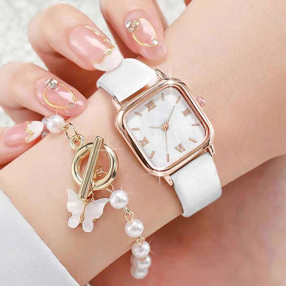 2PCS/Set Fashion Square Women es Casual Leather Strap Quartz Wrist Pearls Butterfly Set Reloj Mujer H260228