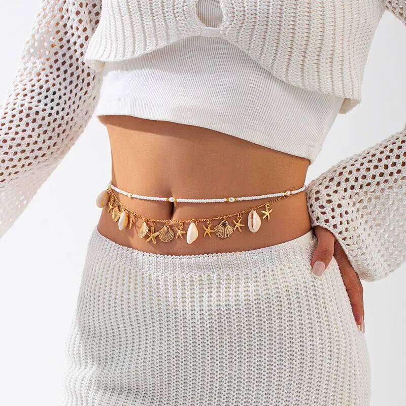 Hot Selling Multilayer Starfish Shell Pendant Hollow Out Alloy Waist Beach Bikini Body Chain H260228