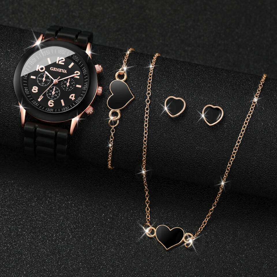 4pcs/set Geneva Fashion Silicone Band Women Quartz es Heart Jewelry SetWithout Box H260228