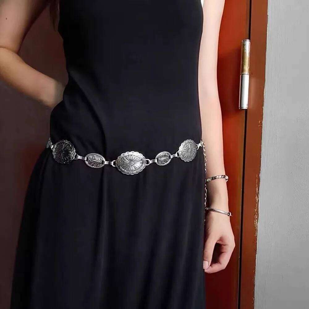 Fashion Vintage Oval Craved Metal Waist Chain for Women Retro Style Exquisite Plated Belt Female Body Jewelry Accessories Gifts H260228